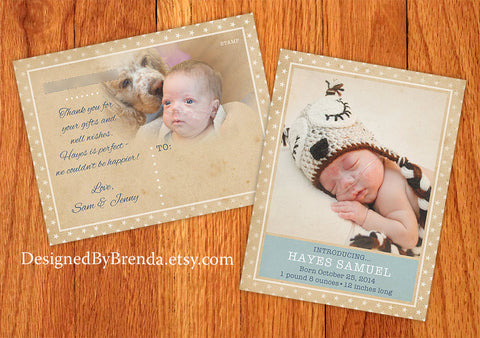 Vintage Style Birth Announcement Postcard with Rustic Star Border & Photos - Recycled Cardstock