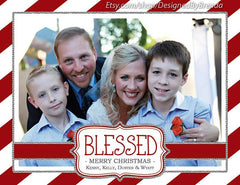 Candy Cane Stripes Christmas Card with Photo and Sparkly Silver  Border