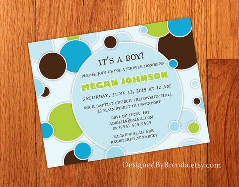 Circles & Dots Bridal or Baby Shower Invite - Blue, Brown & Green Boy Colors