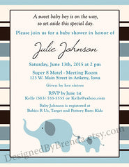 Pink or Blue Striped Elephant Baby Shower Invitation