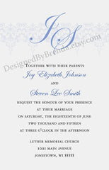 Classic Victorian Wedding Invitation with Custom Monogram and Blue Lace Scrolls