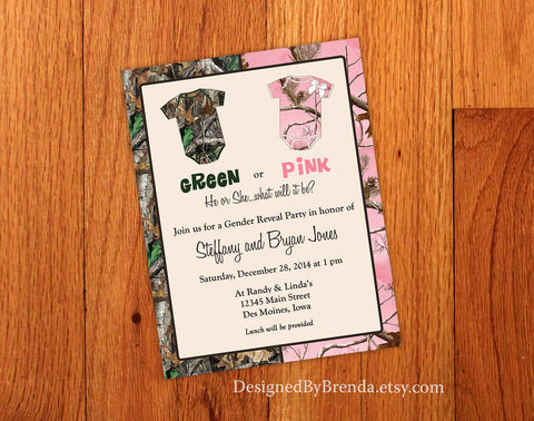 Camouflage Gender Reveal Invitation Card for Boy or Girl, Green or Pink