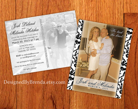 Damask Wedding Announcement Postcards with informal Reception Invitation on Back