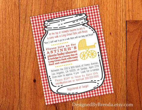Canning Jar Wedding or Baby Shower Invitation with Red & White Gingham Background