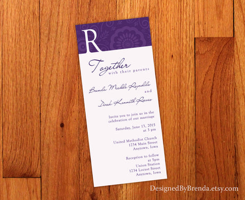 Purple Floral Wedding Invitation with Letter Initial - Whimsical Custom Design