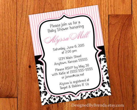 Pink Stripes and Black & White Damask Baby or Bridal Shower Invitation