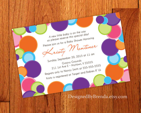 Large Bridal or Baby Shower Invitations with Colorful Circles - Neutral Colors