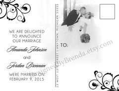 Elegant Scroll Wedding Announcement Postcard - Classic Black & White