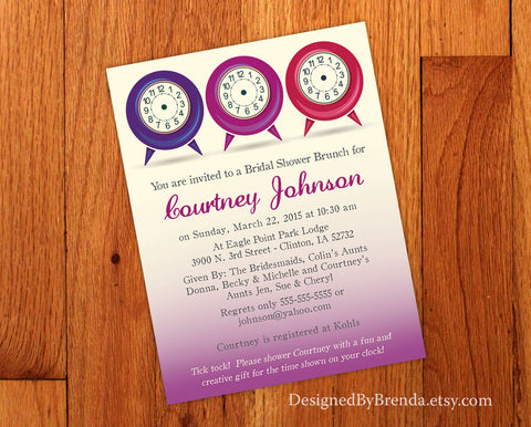Around the Clock / Time of Day Baby or Briday Shower Invitation - Pink & Purple Ombre