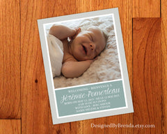 Bilingual Birth Announcement Card with Large Photo - Gender Neutral with Gray & Green