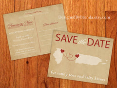 Vintage Save the Date Card with States and Hometowns - Rustic Look