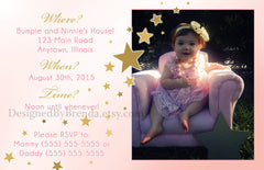 Large Double Sided Birthday Invitation with Blended Photo Collage - Pink & Gold Stars for Little Girl