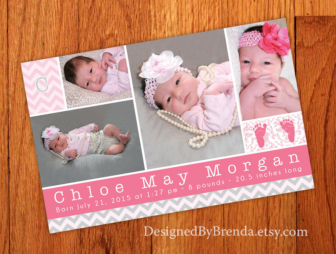 Cute Pink & Grey Chevron Birth Announcement with Photos and Letter Monogram