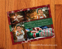 Bilingual Red & Green Holiday Card with Photos - Merry Christmas & Feliz Navidad
