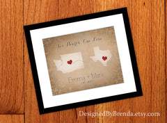 Rustic Print with Two States and Hearts in Personalized Locations - Vintage Burlap Look