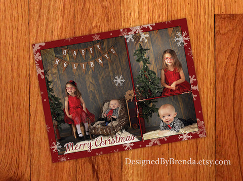 Christmas Card with Photos - White Snowflakes on Red Background - Winter Feel