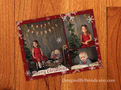 Christmas Card with Photos - White Snowflakes on Red Background - Winter Feel