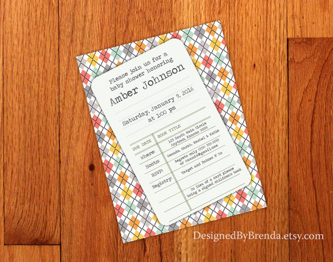 Library Card Baby Shower Invitation on Colorful Pastel Argyle Print with Vintage Flair