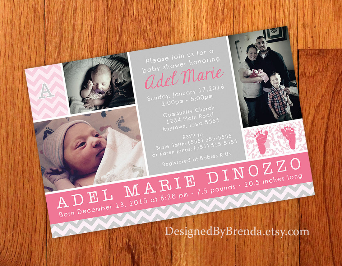 Combined Birth Announcement and Baby Shower Invitation with Photos - Pink & Gray