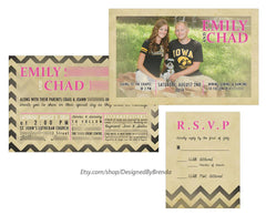 Vintage Style Wedding Invitation with Rustic Photo - Double Sided with Chevron Pattern