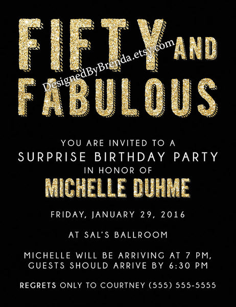 Fifty & Fabulous Surpise Birthday Invitation Black Gold – Designed By ...