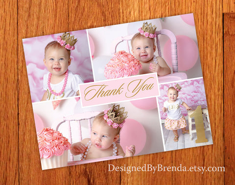 Pink & Gold Birthday Thank You Postcard with Photos - Cute, Custom look for Little Girl's First Birthday
