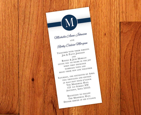 Navy & White Wedding Invitation with Monogram Letter Initial - Modern, Clean Lines - Long & Skinny