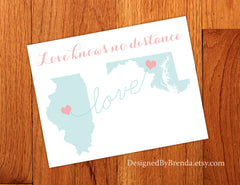 Save the Date Cards with Two States - Love Knows No Distance - Coral & Teal Postcard