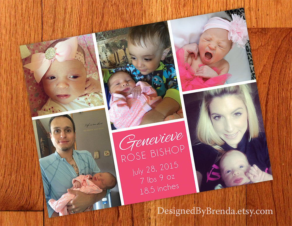 Modern Birth Announcement with 5 Photos - Pink for Baby Girl with Clean Lines