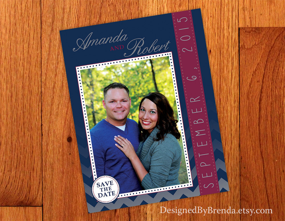 Fun Save the Date Card with Photo on Chevron Background - Pink & Navy
