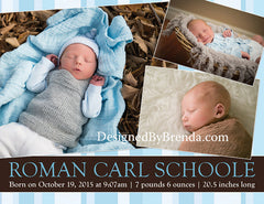 Brown & Blue Birth Announcement Card with 3 Photos - Double Sided