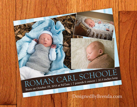 Brown & Blue Birth Announcement Card with 3 Photos - Double Sided