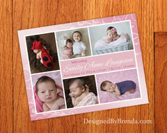 Baby Girl Birth Announcement with Multiple Photos on Whimsical Pink Swirl Background