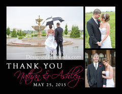 Pink, Black & White Wedding Thank You Card with 3 Photo Collage - Romantic Look