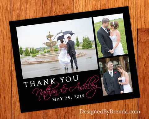 Pink, Black & White Wedding Thank You Card with 3 Photo Collage - Romantic Look