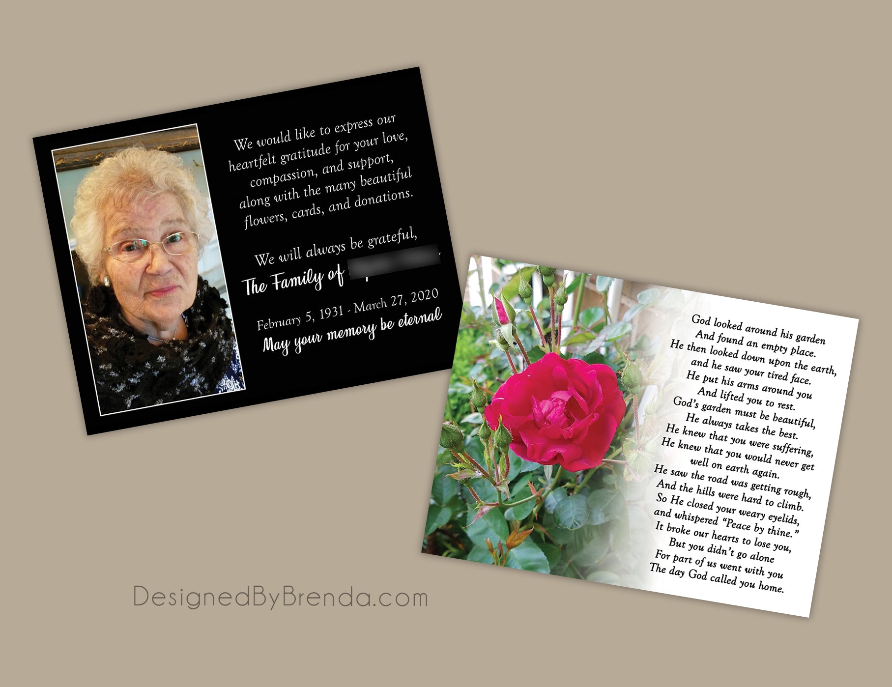 Memorial Thank You Card with Photo, Rose and Poem