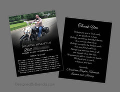 Black Memorial Card with Photo - Double Sided, Masculine Feel, Motorcycle