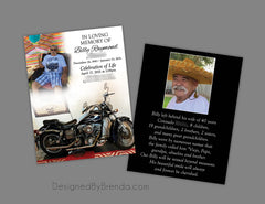Black Memorial Card with Photo - Double Sided, Masculine Feel, Motorcycle