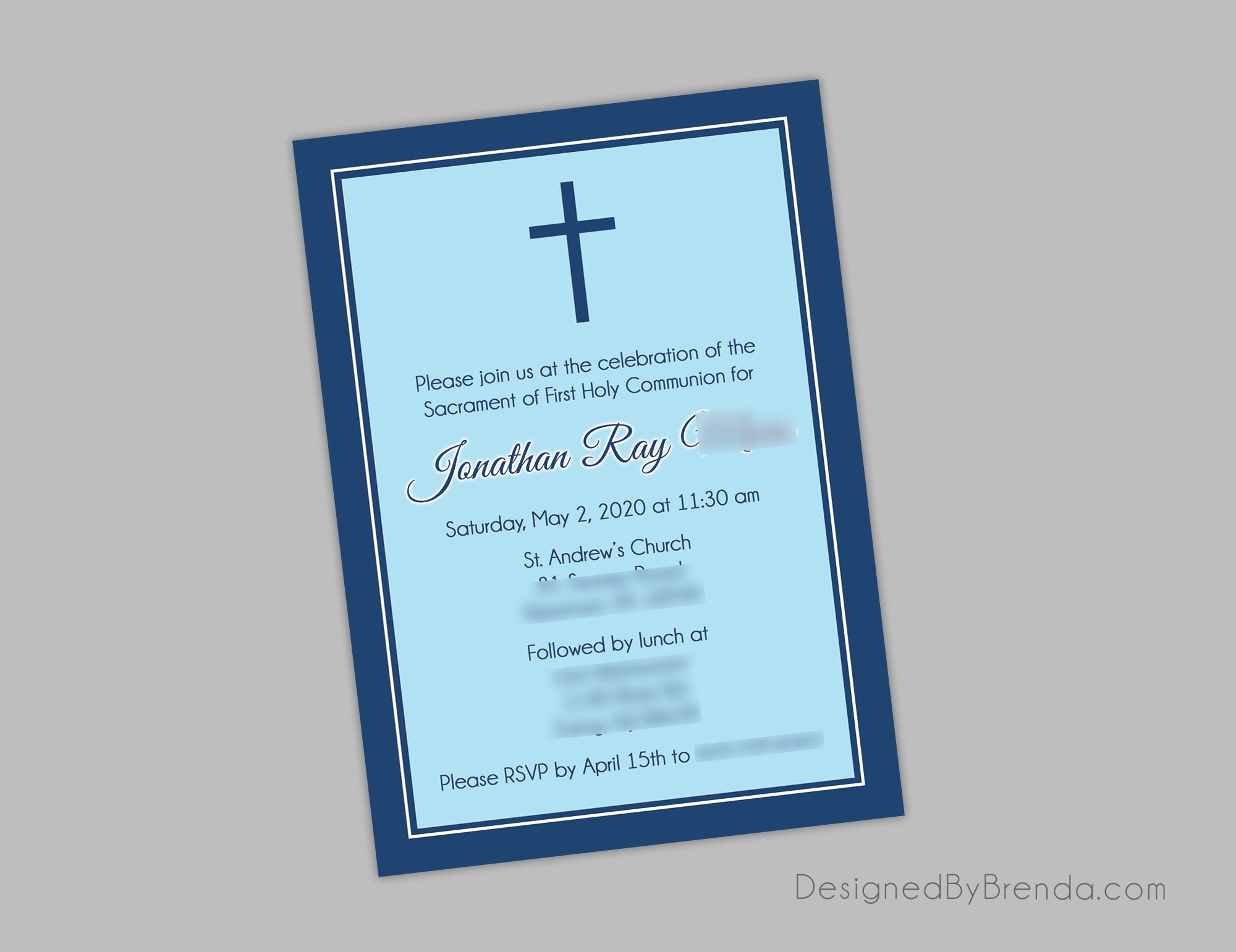 Shades of Blue Invitation with Cross - Baptism, First Communion or Confirmation