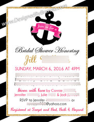 Nautical Anchor Bridal Shower Brunch Invitation - Navy, Pink & Metallic Gold