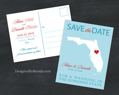 Florida Save the Date for a Wedding in the Sunshine State Postcard - Modern, Teal Chevron Background - Aqua & Red