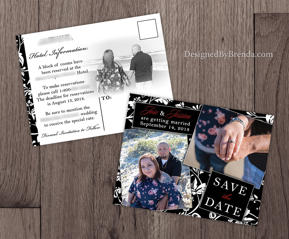 Black & White Damask Save the Date Card or Postcard with 2 Photos