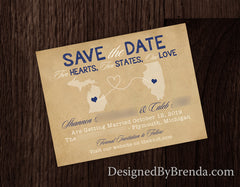 Vintage Style Save the Date with Two Locations - Two Hearts, Two States, One Love