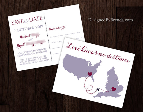 Save the Date Cards with Two States - Love Knows No Distance - Coral & Teal Postcard