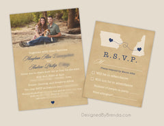 Vintage Style Wedding Invitation with Two States - Rustic Kraft Paper Look