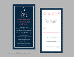 Two Less Fish in the Sea Wedding Invitation with Rings on Hook - Navy and Coral