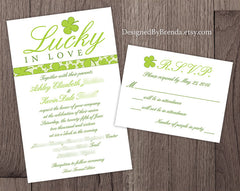 Lucky in Love Wedding Invitations with Green Four Leaf Clover Shamrocks - St. Patrick's Day Wedding