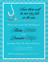 Two Less Fish in the Sea Engagement Party Invitations - Rings on Hook - Chevron Border