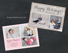 Combined Holiday Card and Birth Announcement with Photos on Both Sides - Tan, Brown & White Snowflakes