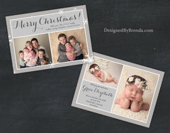 Combined Holiday Card and Birth Announcement with Photos on Both Sides - Tan, Brown & White Snowflakes